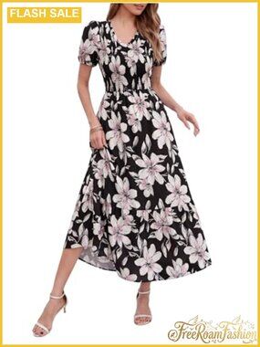 Boho Floral Maxi Dress V Neck Smocked Summer Casual